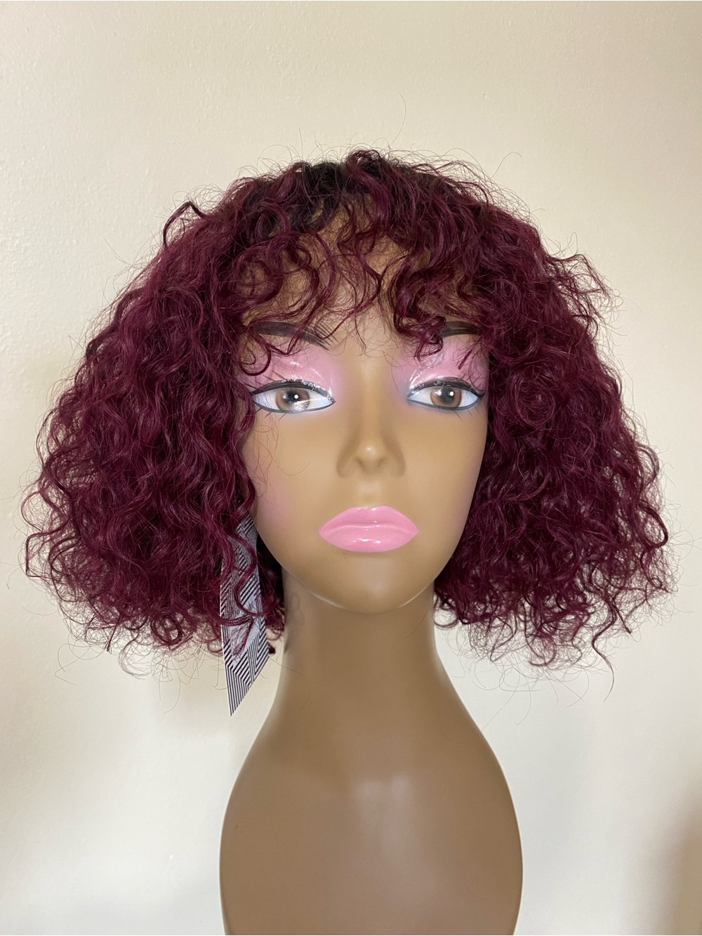 Curly Human Hair Bob Wig with Bangs Ombre Burgundy TT1B/99J Non Lace Glue-Less